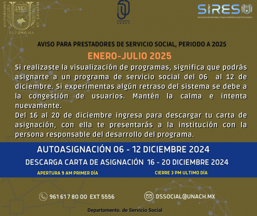 Aviso para prestadores de Servicio Social Enero-Julio 2025